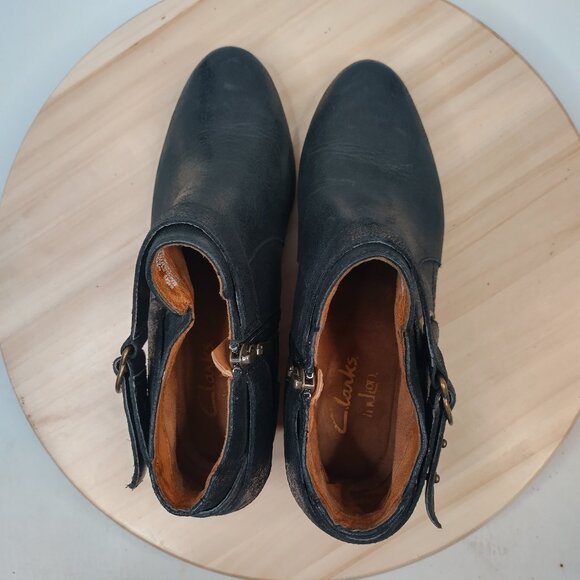 Clarks Indigo Moto Leather Harness Buckle Black Ankle Booties Women US 6.5M - Picture 10 of 16